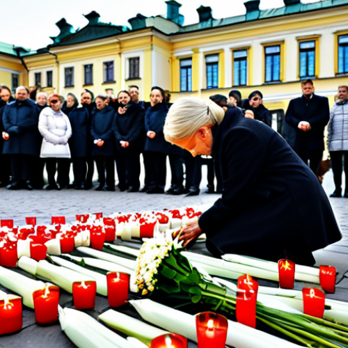 Home 11 National Mourning in Poland**
"A poignant scene in Warsaw, Poland, shortly after the Smolensk plane crash. People are gathered in front of the Presidential Palace, laying flowers and candles. The atmosphere is somber, with many visibly grieving, but also displaying a sense of national unity. Fully clothed in modest attire, safe for work, appropriate content. Perfect anatomy, correct proportions, natural pose. Professional photography, high quality."
**