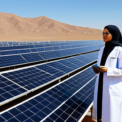 Home 6 **
"A professional female engineer, wearing a modest hijab and lab coat, inspecting solar panels in a desert research facility, fully clothed, appropriate attire, safe for work, perfect anatomy, natural proportions, professional photography, high quality, bright daylight, sustainable energy focus, family-friendly."
**