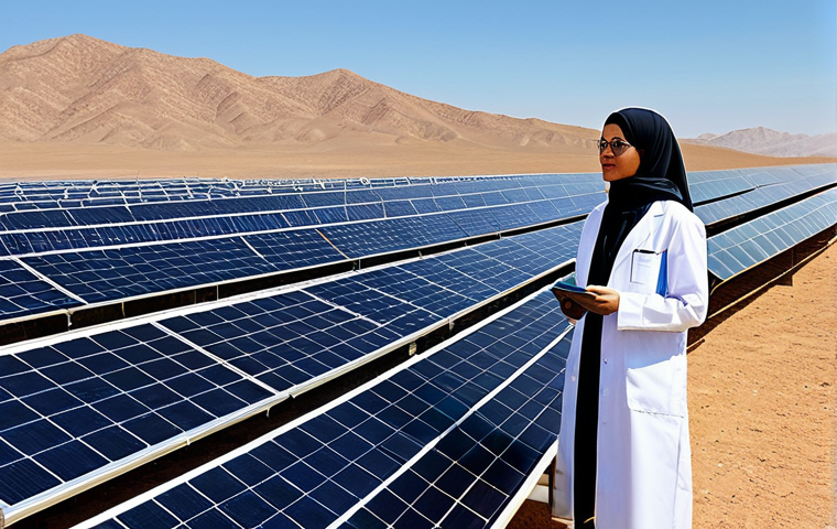 **

"A professional female engineer, wearing a modest hijab and lab coat, inspecting solar panels in a desert research facility, fully clothed, appropriate attire, safe for work, perfect anatomy, natural proportions, professional photography, high quality, bright daylight, sustainable energy focus, family-friendly."

**