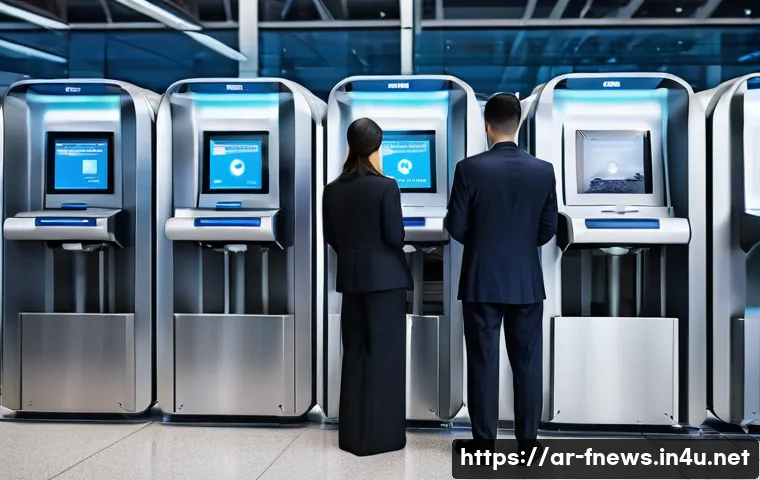 벨기에 브뤼셀 공항 폭탄 테러 사건 - **Prompt:** A bustling, ultra-modern airport security checkpoint, showcasing advanced technology. Pa...
