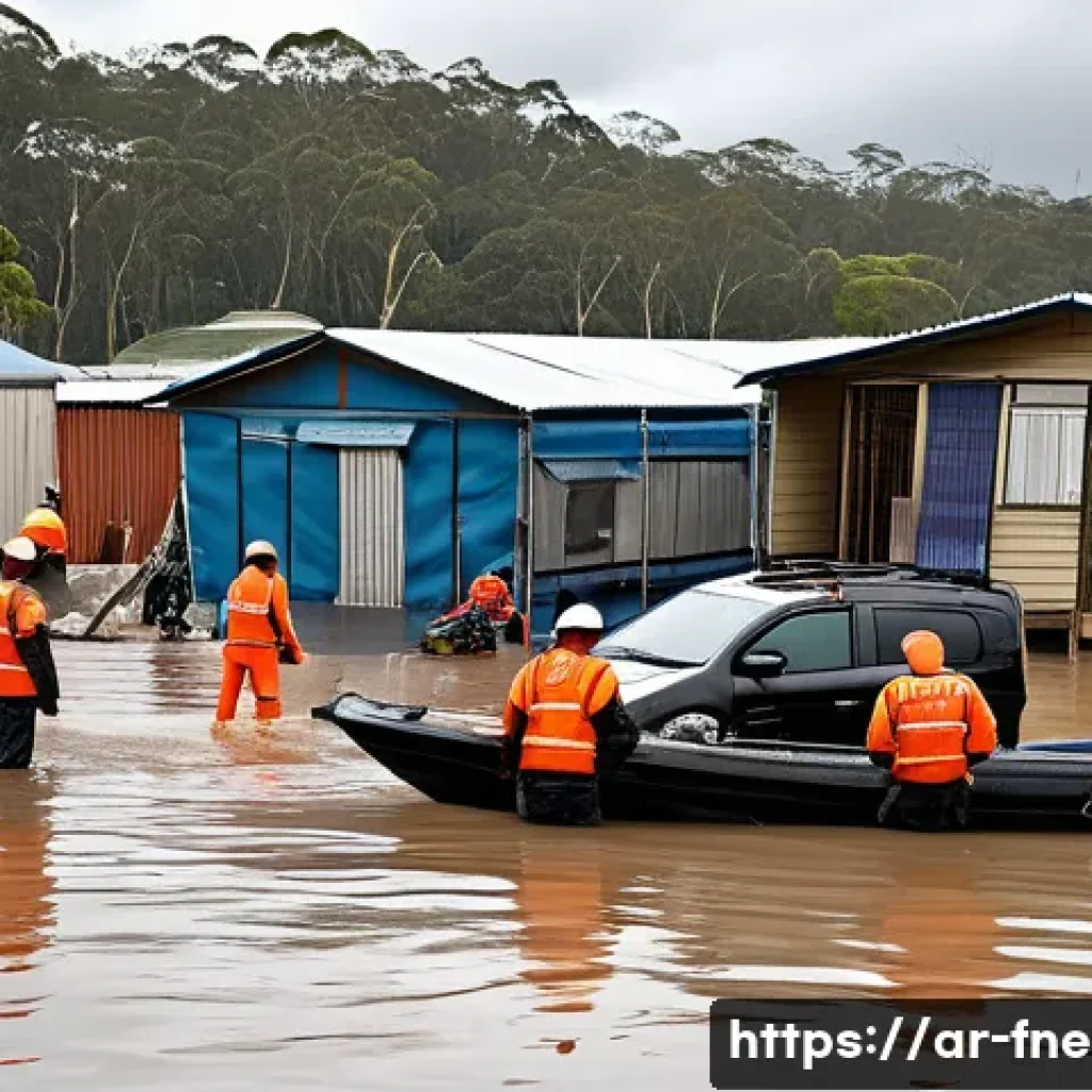 호주 브리즈번 홍수 사건 - A detailed urban scene showing the aftermath of severe flooding in Brisbane, Australia, featuring pa...