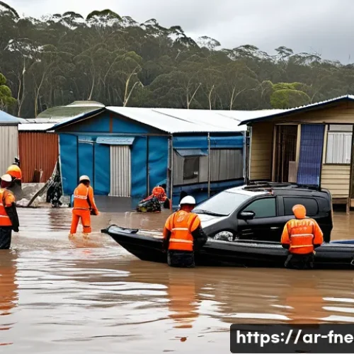 호주 브리즈번 홍수 사건 - A detailed urban scene showing the aftermath of severe flooding in Brisbane, Australia, featuring pa...