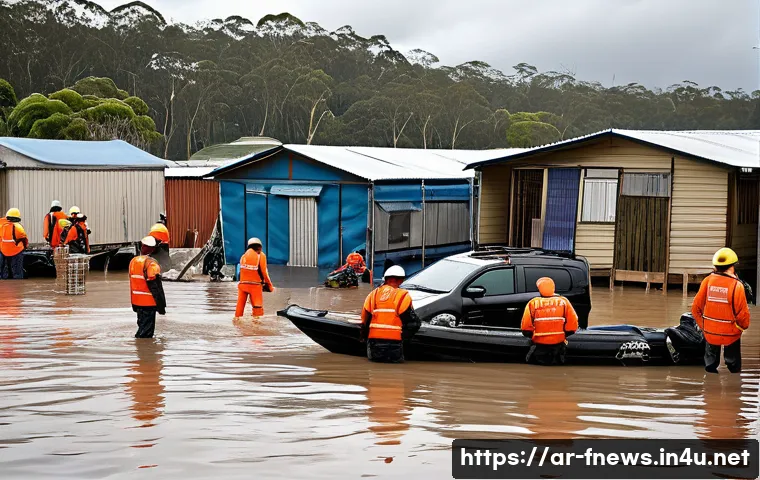 호주 브리즈번 홍수 사건 - A detailed urban scene showing the aftermath of severe flooding in Brisbane, Australia, featuring pa...