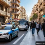 스페인 바르셀로나 차량 돌진 테러 사건 - A bustling European city street scene in Barcelona during daytime, featuring diverse pedestrians inc...