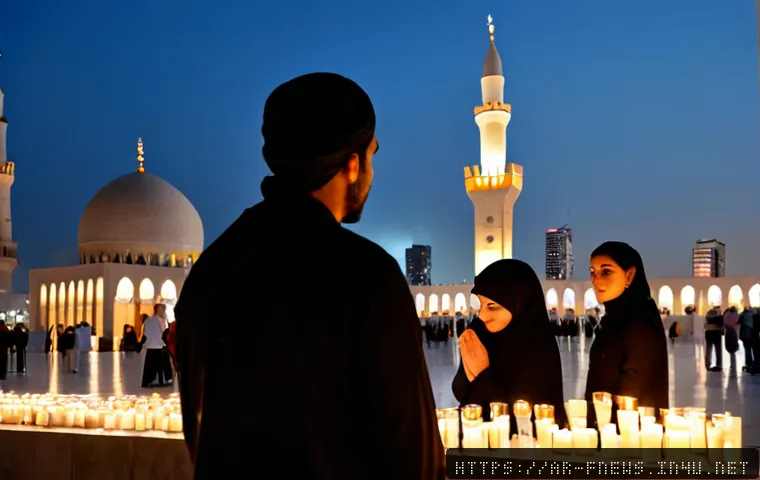 조지 플로이드 사건 - Photorealistic peaceful candlelight vigil in a modern Arab city plaza at blue hour, diverse Arab adu...