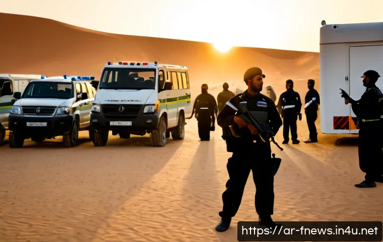 Home 17 알제리 인질 사태 - Photorealistic editorial scene of a remote Algerian desert gas facility at dawn, armed security offi...