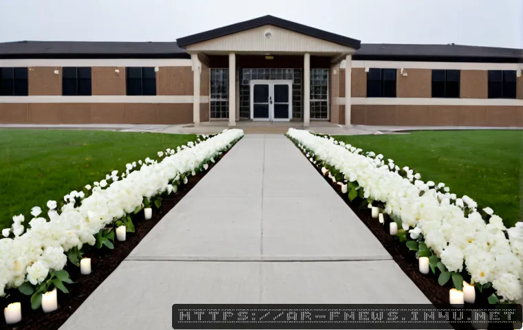 콜럼바인 고등학교 총기 난사 사건 - Photorealistic exterior of a suburban American high school after a tragic incident, empty entrance w...